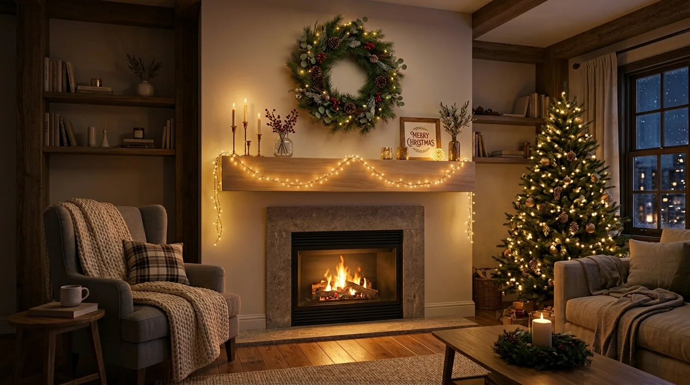 Festive holiday lighting creating indoor and outdoor glow.